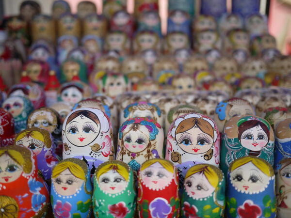 A display of dozens of tiny Matryoshka Dolls at a market in Dalian, Liaoning Province, an area that attracts many Russian, Japanese, and other international tourists.