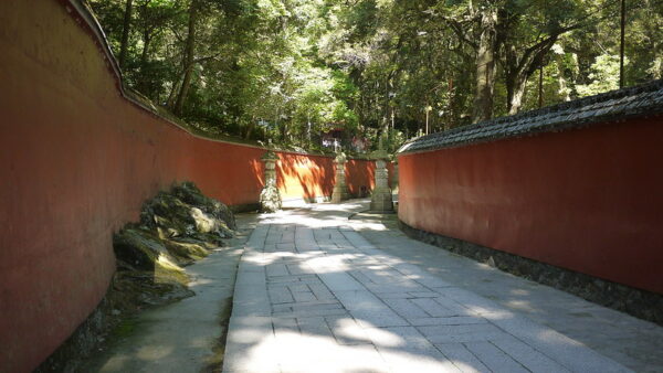 A stone path, flanked by two vermillion walls with tiles atop, looks cool and shady beneath a canopy of leafy, green trees.